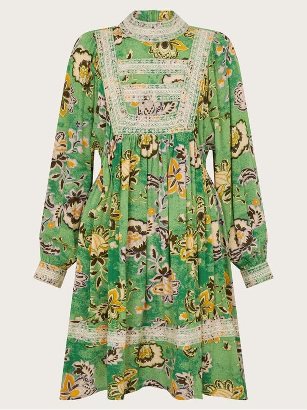 Monsoon βJulietβ Green Floral Lace-Panel Long Sleeve Boho Dress XL